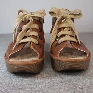 Fly London | Shoes | Fly London Tan Brown Leather Laceup  Fly London Tan Brown Leather Lace-Up Wedge Peep Toe Sandals Size EU40 main image 0